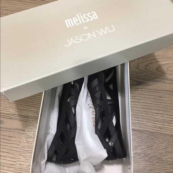 Sz 7 Black Melissa x Jason Wu Jean rubber ribbon flat - Picture 5 of 11